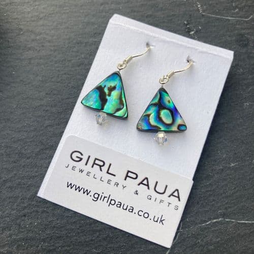 PE01-TRI Paua Triangle & Cut Glass Crystal Earrings (AB) *change crystal colour*