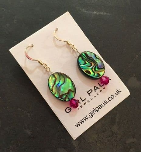 PE01-V Paua Oval & Cut Glass Crystal Earrings SHORT (FU) *change crystal colour*