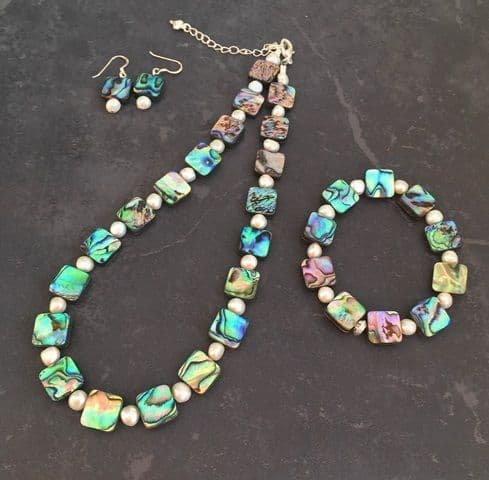 PFN13 Paua Square & Freshwater Pearl - Necklace, Bracelet & Earring - SET