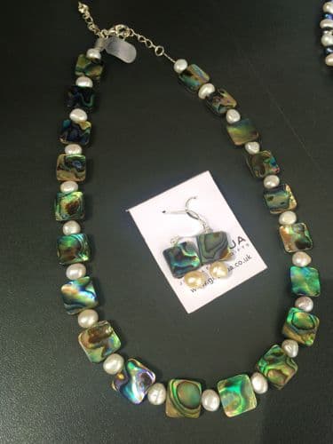 PFN13 Paua Square & Freshwater Pearl - Necklace & Earring - SET