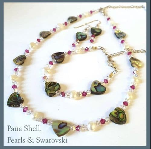 PN10 Paua Hearts, Freshwater Pearl & Fuchsia Cut Glass Crystal - Necklace, Bracelet & Earrings - SET