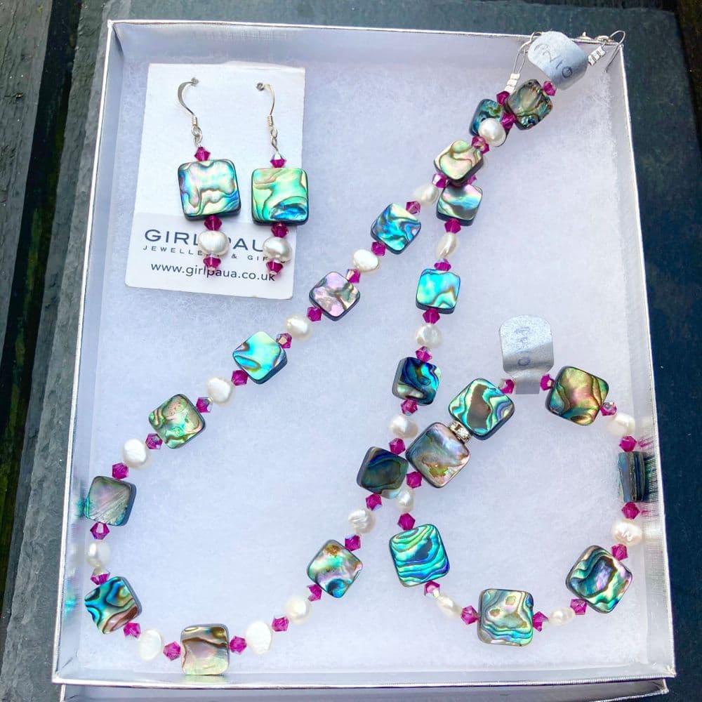PN10 Paua Squares, Freshwater Pearl and Fuchsia Swarovski - Necklace, Bracelet & Earrings - SET