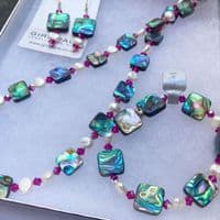 PN10 Paua Squares, Freshwater Pearl&Fuchsia Cut Glass Crystals - Necklace, Bracelet & Earrings - SET
