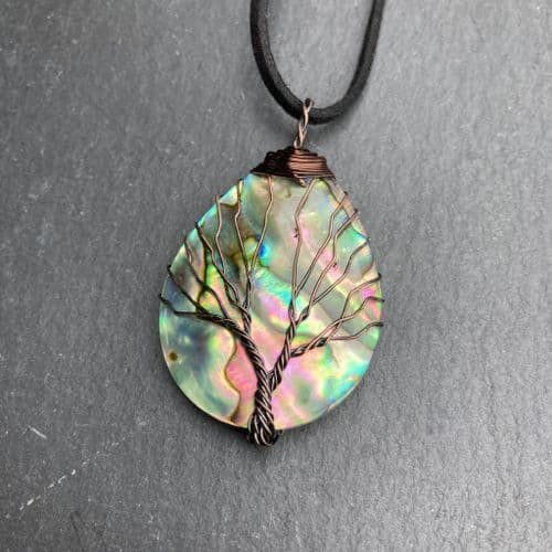 Suede Pendant PN04 - Paua Shell Tree of Life Small Waterdrop Pendant