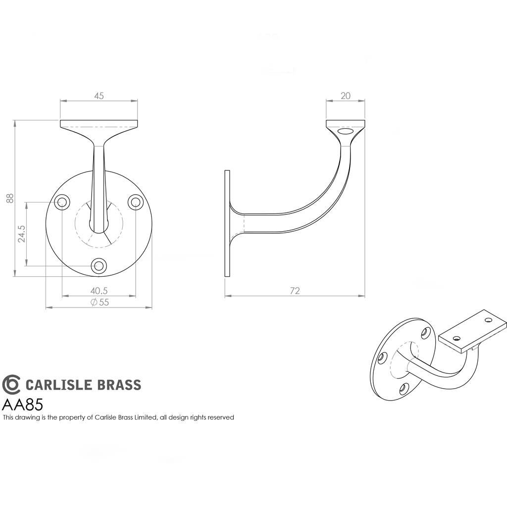 Handrail Bracket Solid Brass 64mm AA85 Various Finishes