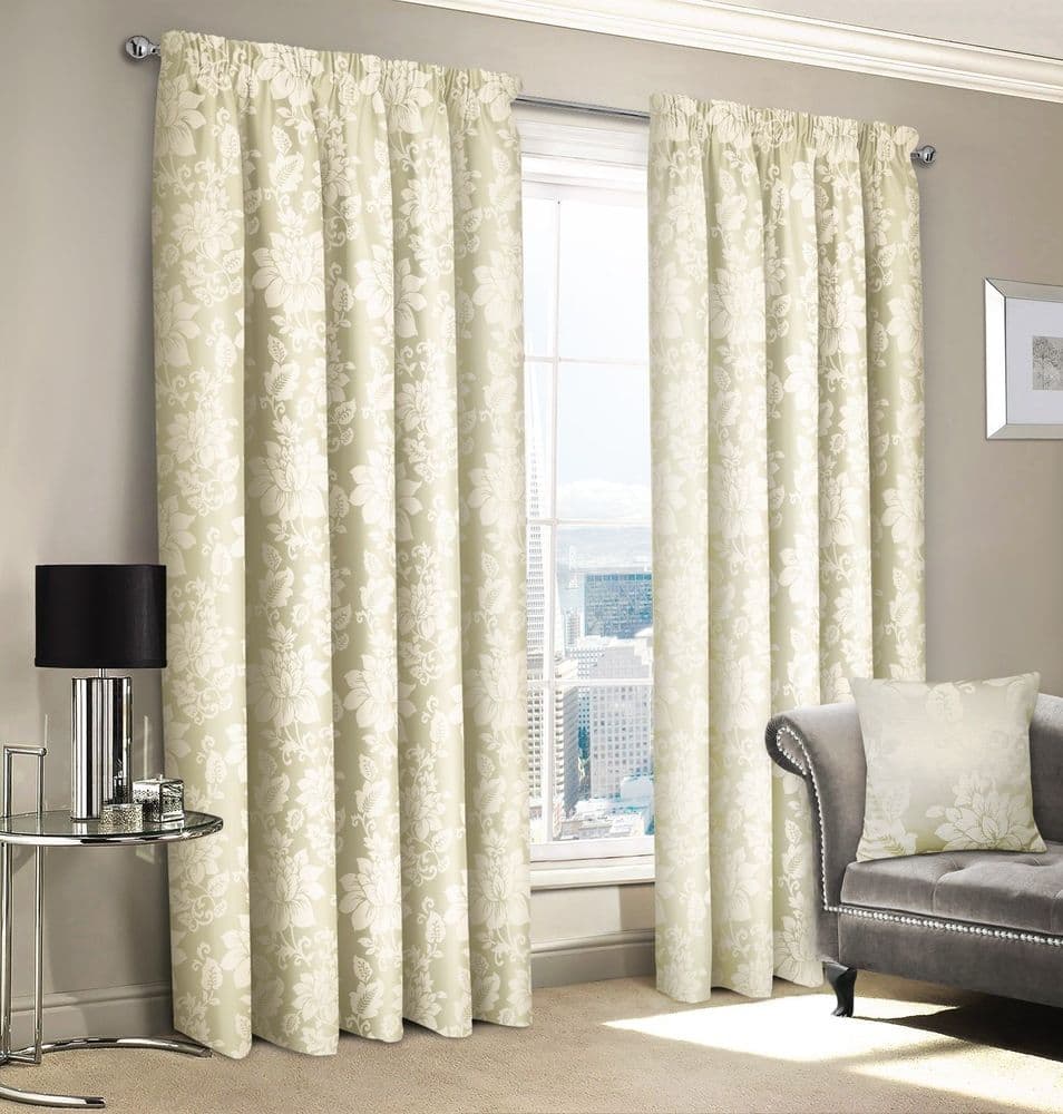 CREAM JACQUARD FLORAL DAMASK DESIGN LINED PENCIL PLEAT STYLISH LUXURY