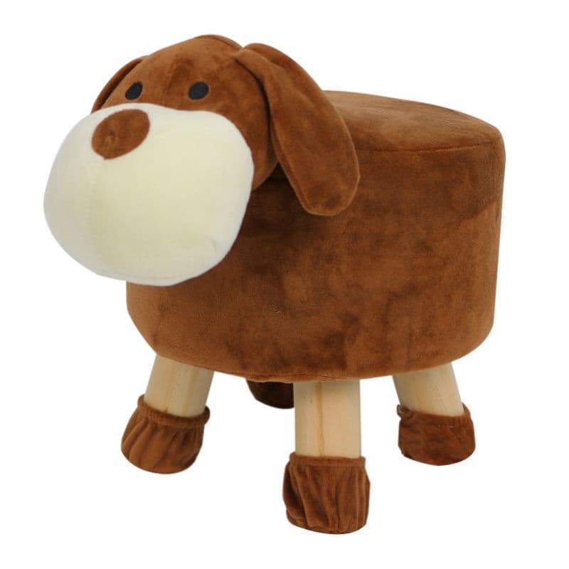 Dog Puppy Design Plush Animal Pouffe Kids Wooden Footstool Cushion Seat