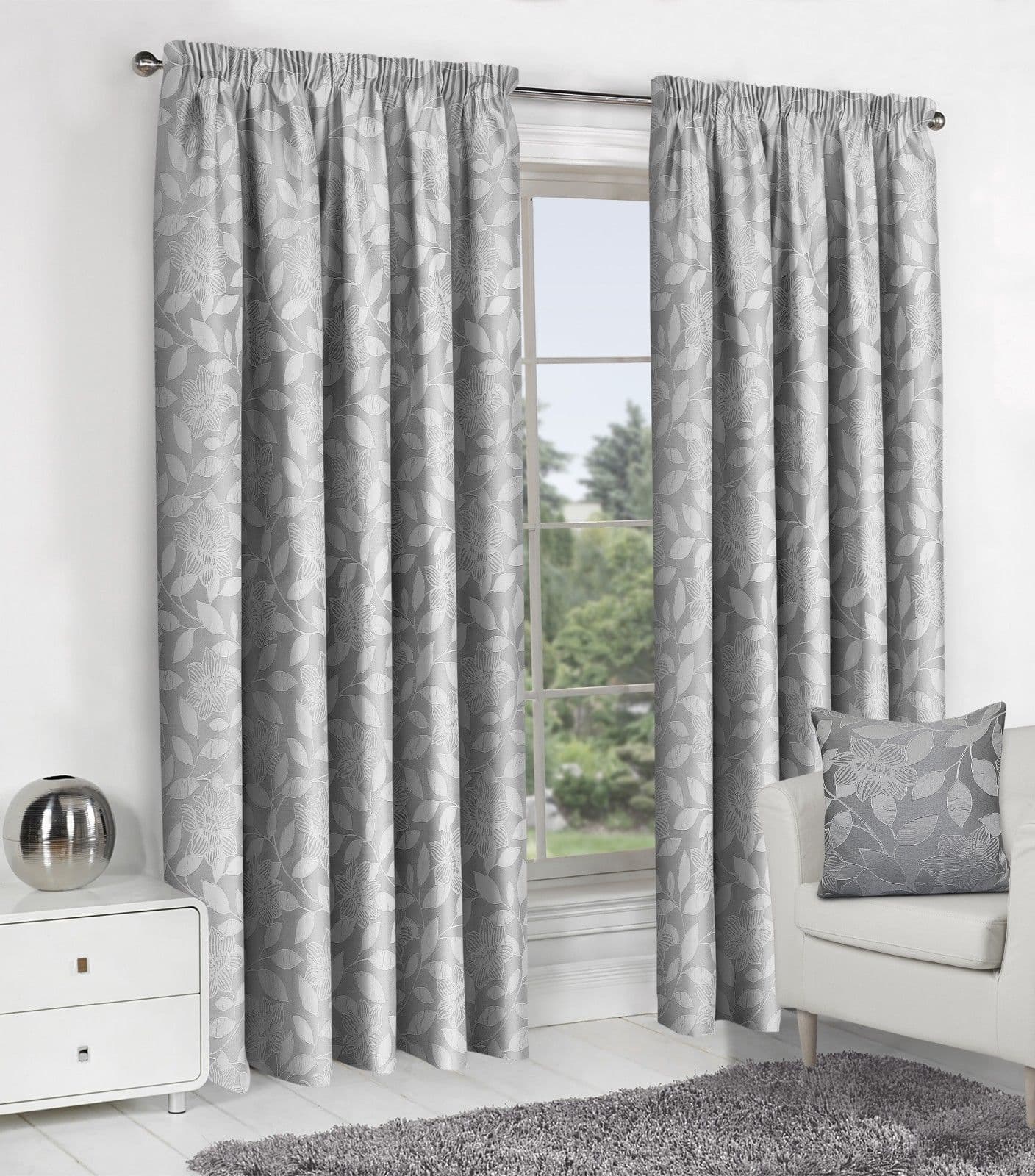 SILVER GREY JACQUARD DESIGN LINED PENCIL PLEAT STYLISH FLORAL LEAF