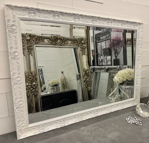 French White Wall Mirror Ornate Shabby Chic 34"x24"  - OPERA - Bevelled Glass