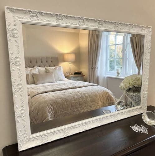 LARGE Antique White French Framed Decorative Rococo Ornate Wall Mirror OPERA