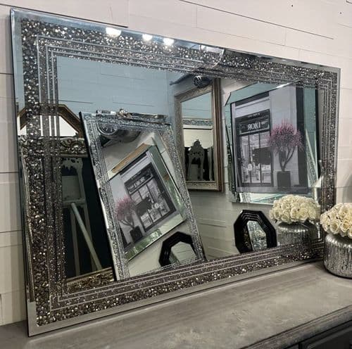 Large Galaxy Crystal Grey Mirror Glitzy Diamond Crystal Mirror 120cm x 80cm