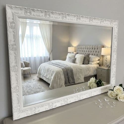 LARGE White Matt French Framed Decorative Rococo Ornate Wall Mirror OPERA ORNATE