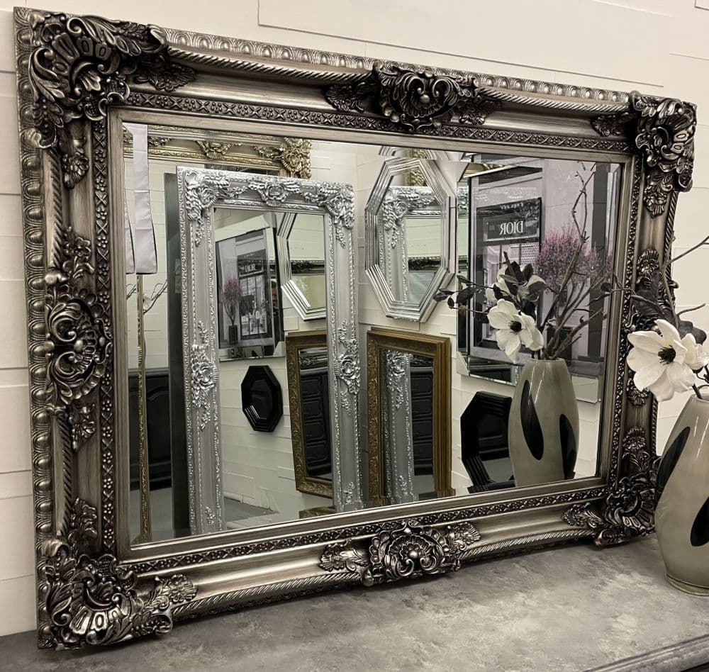LG Antique Silver Wall Mirror Ornate Baroque Decorative 120cm x 90cm - CLARENCE - Fabulous Mirrors