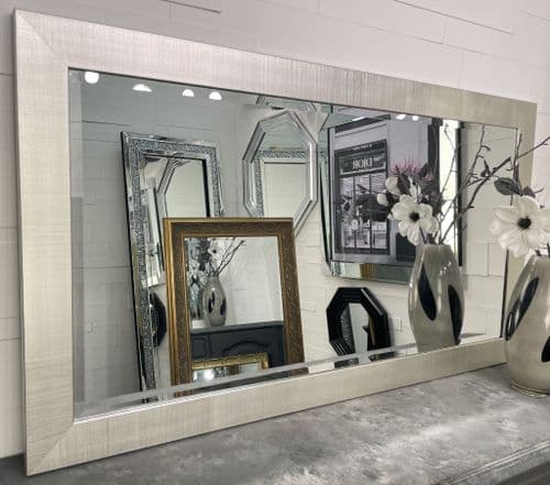 X LARGE Silver Brushed Framed Wall Mirror Crosshatch Elegant Modern BROOKLYN