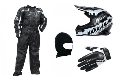 Kids Wulfsport Clothing & Helmet Bundle Deal - BLACK/WHITE