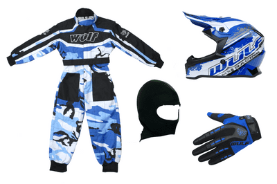 Kids Wulfsport Clothing & Helmet Bundle Deal - BLUE CAMO