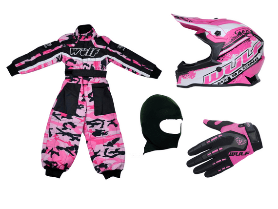 Kids Wulfsport Clothing & Helmet Bundle Deal - PINK CAMO