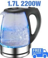 2.2KW 1.7L FAST BOIL GLASS KETTLE ELECTRIC CORDLESS WITH BLUE LED AUTO SHUT OFF