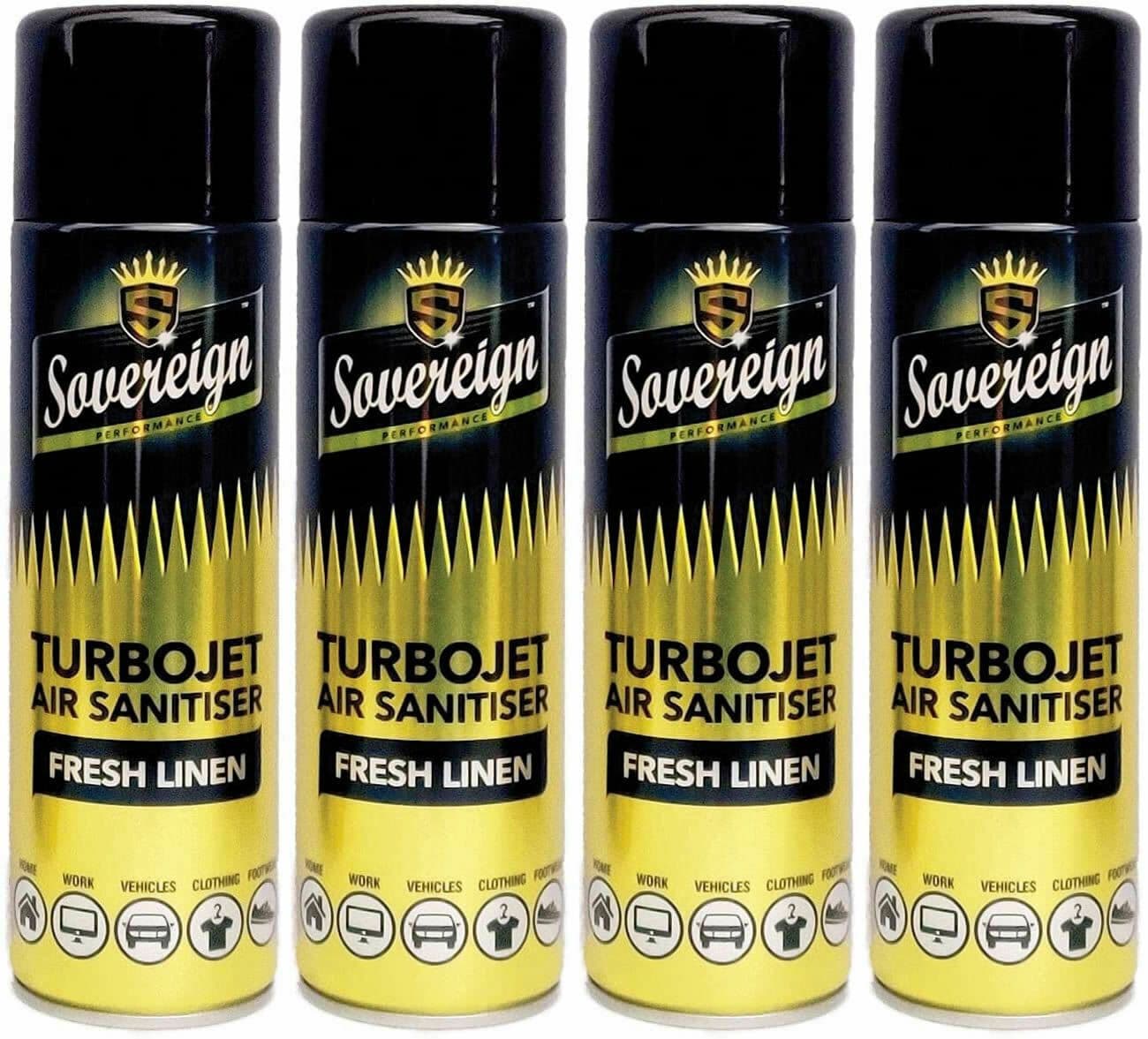 4 x SOVEREIGN FRESH LINEN TURBOJET AIR SANITISER CAR HOME FRESHENER SPRAY