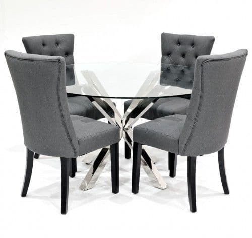 Clear Glass Round Crossley Dining Table With Beach Dining Chairs