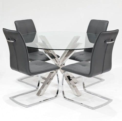 Clear Glass Round Crossley Dining Table With Huesca Dining Chairs