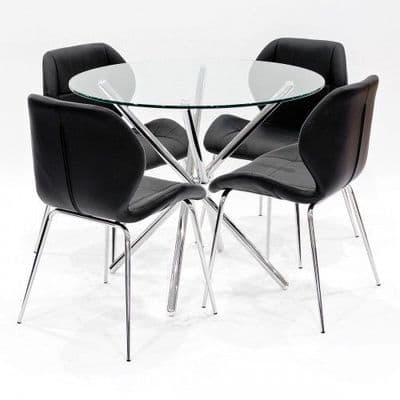 Criss-Cross Legs Round Clear Glass Dining Table With Black Dining Chairs