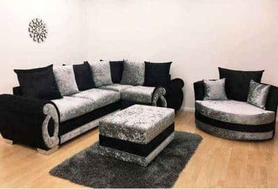 Eliza Corner + Cuddle Chair + Footstool - Black/Silver Velvet
