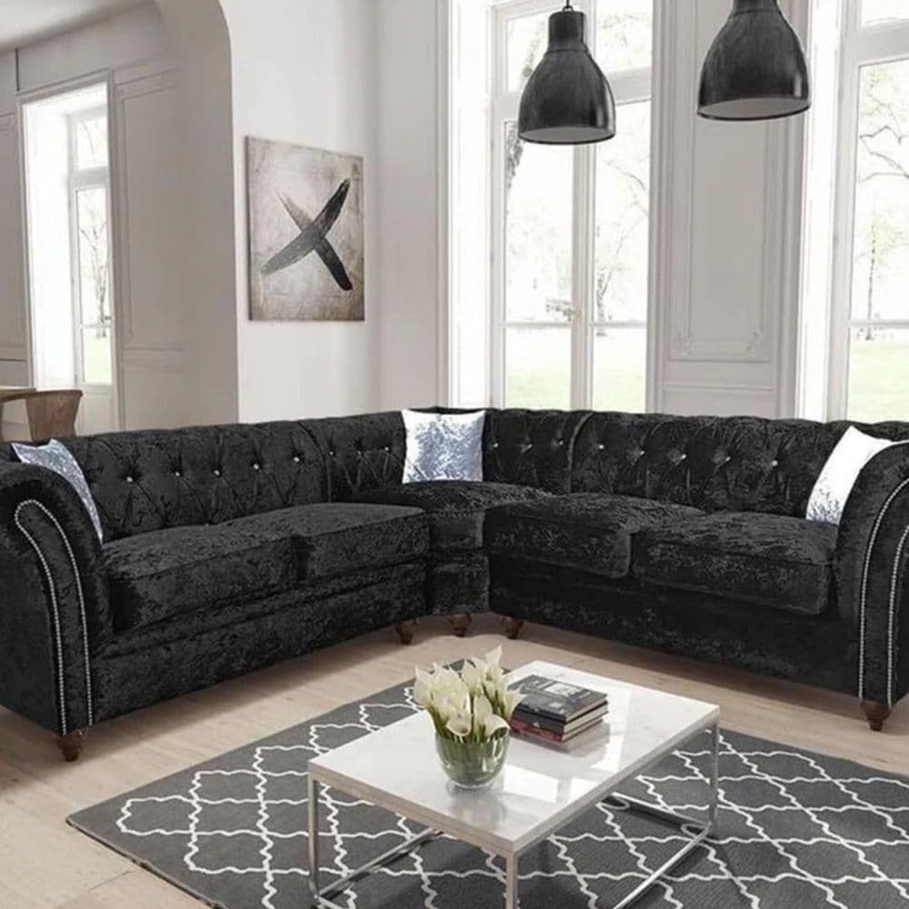 London Chesterfield Black Velvet Corner Sofa