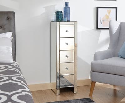 MIRRORED 5 DRAWER SLIM CHEST CLEAR GLASS