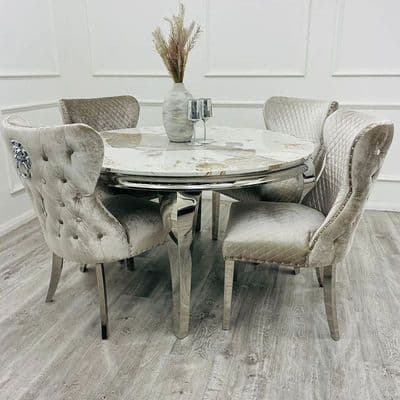 Vuitton 1.3m Round Grey Marble Dining Table With Chairs