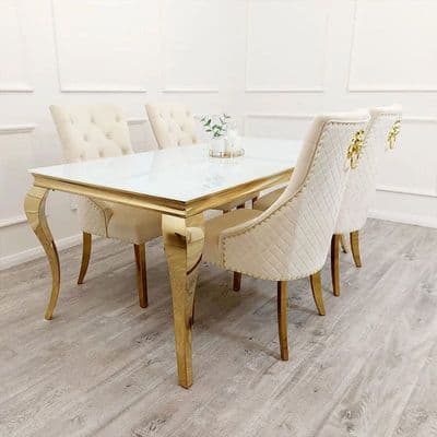 Vuitton Gold White Marble Dining Table With Chairs