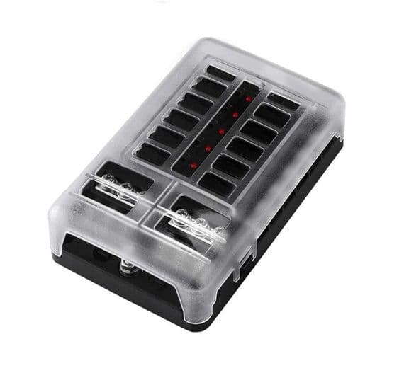 12-Way Blade Fuse Box With Bus Bars - Standard Blade Fuses, 12/24V, 2 Positive & 1 Negative Bus Bar, Easy Wiring