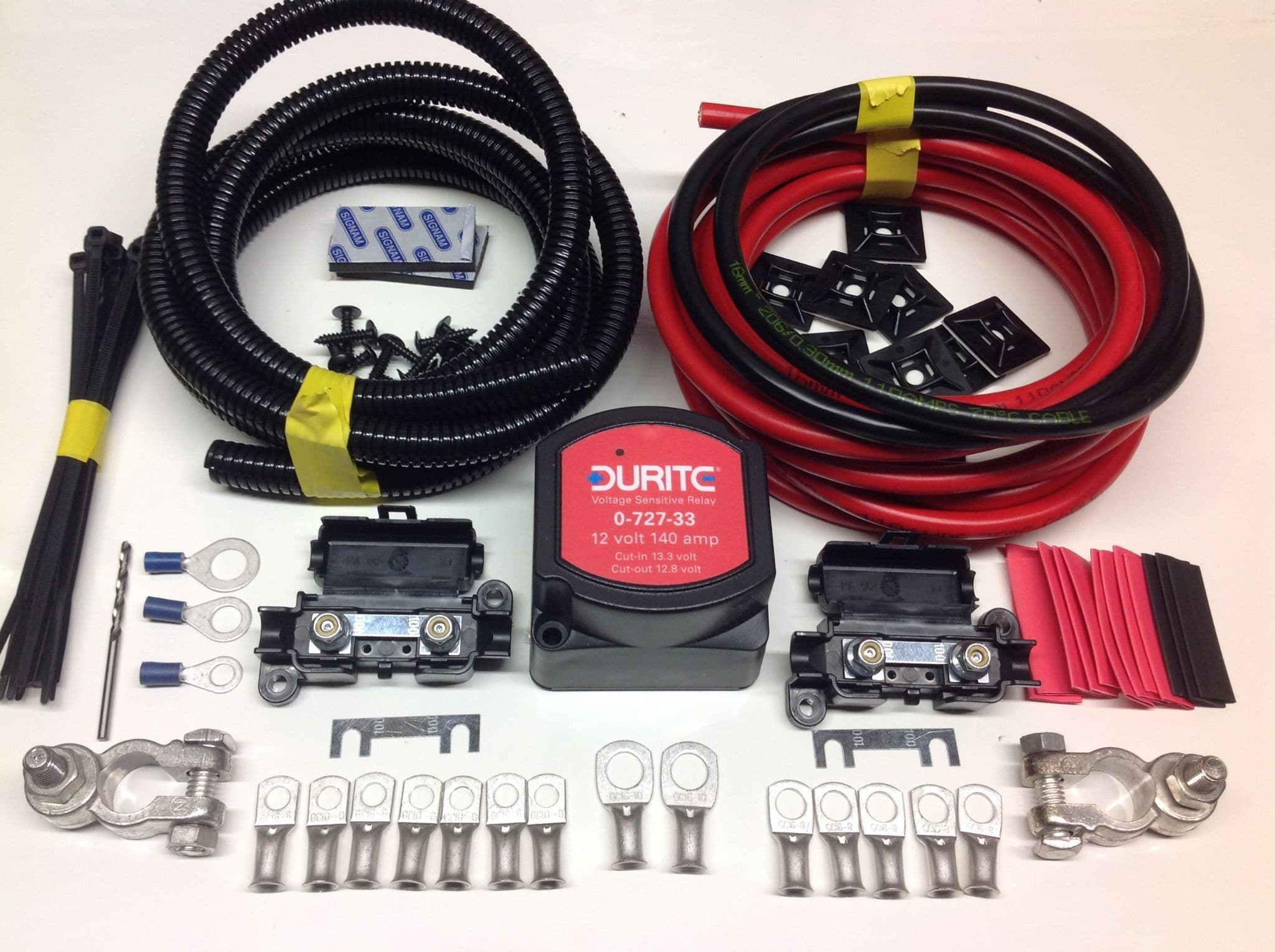 Heavy Duty Split Charge Kit with 12v Durite 140amp VSR 110amp 16mm Cable