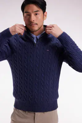 Eden Park Cable Knit Half Zip In Blue
