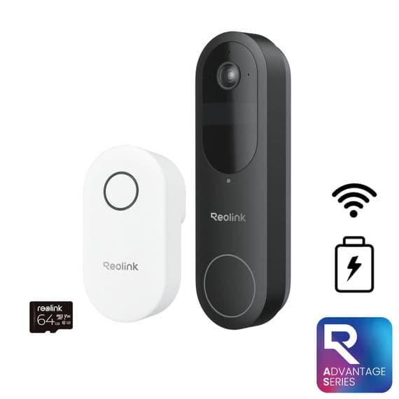Reolink Wireless Battery Video Doorbell  Black, Chime Compatible + 64GB SD Card