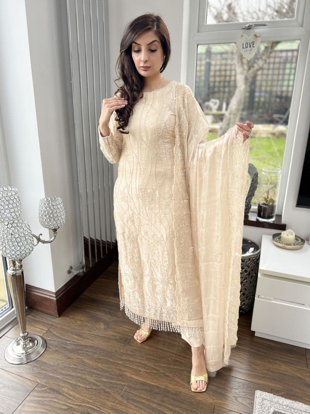 Amelia gold lava silk heavily beaded suit