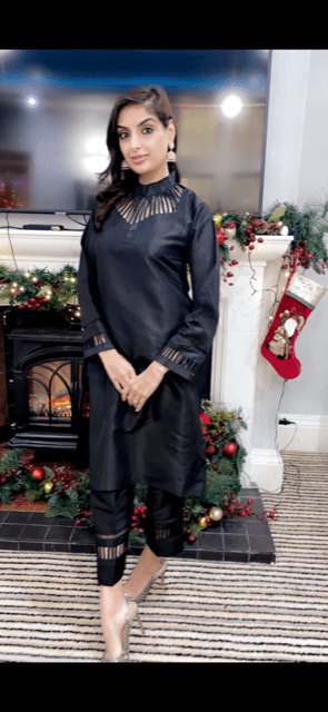 Auora Designer Black Suit with Ruffle Duppatta