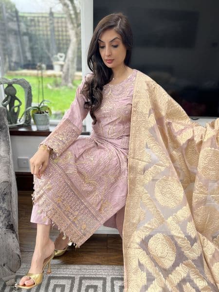 Banarsi scarf linen suit - mauve