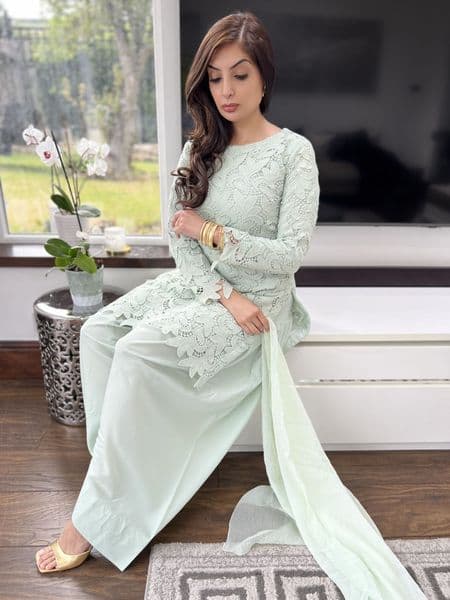 Crochet Farshi Salwaar outfit sage