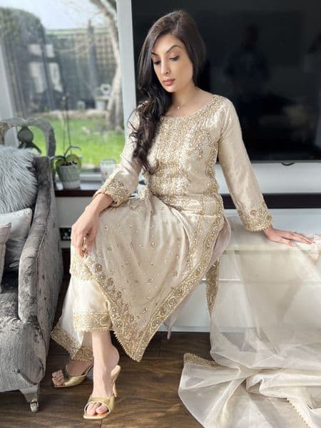 Haseen gold Shamooz silk suit