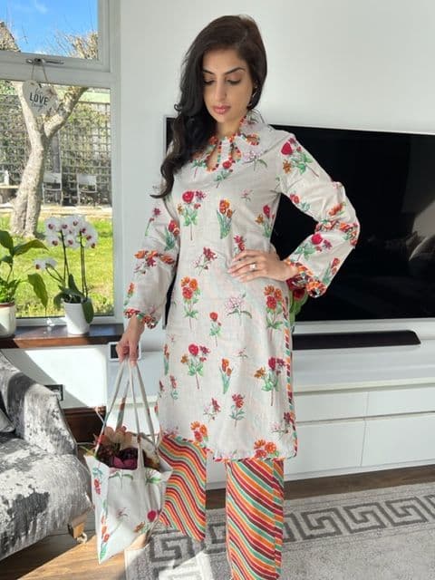 Imani Embroidery Digital Print Coord - Stone