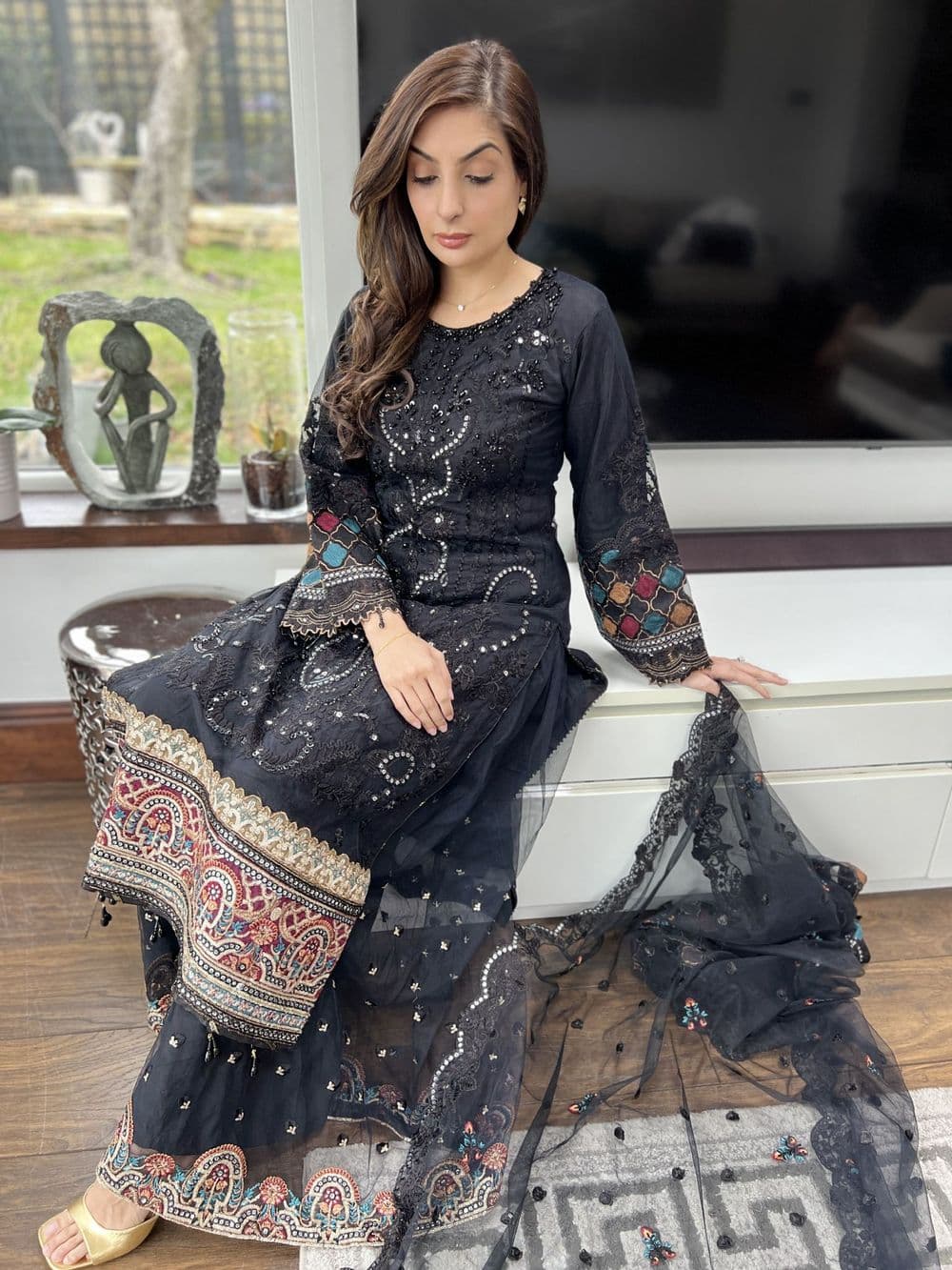 Imrozia heavily embroidered net suit : black