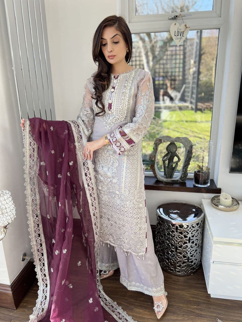 Imrozia heavily embroidered suit : grey