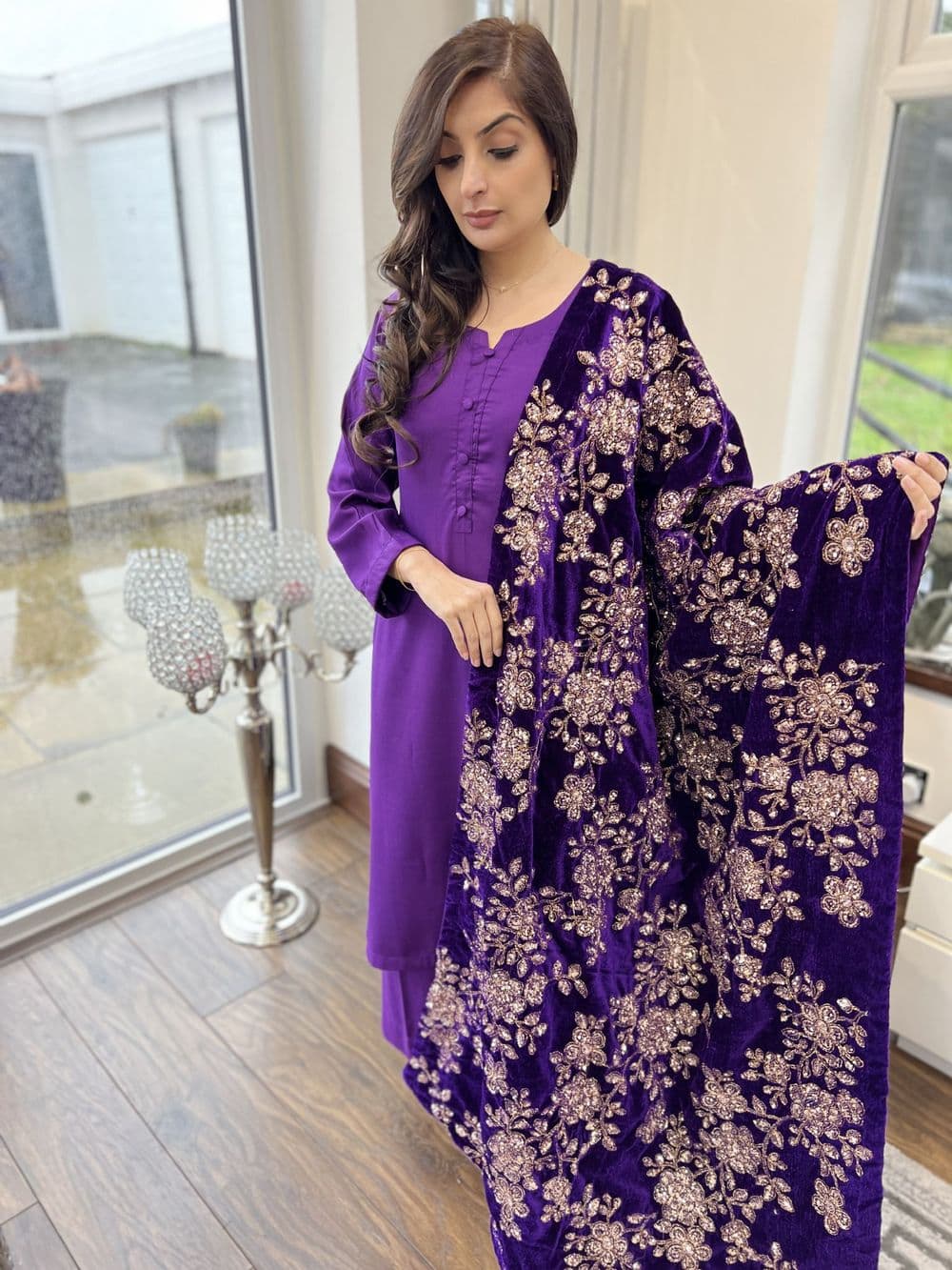 Jaan: regal danak suit with luxury velvet shawl : purple