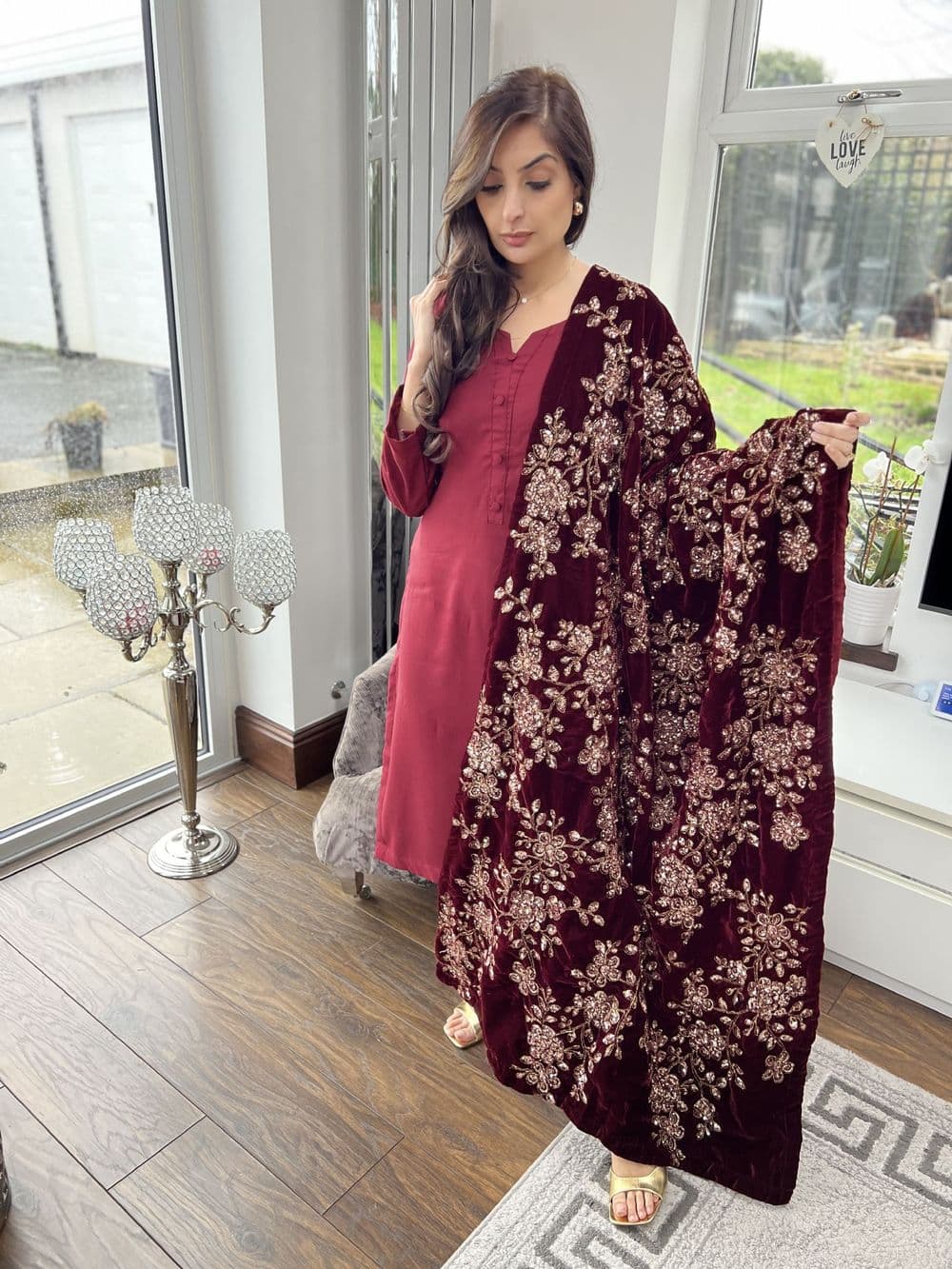 Jaan : regal dhanak suit with luxury velvet shawl : maroon