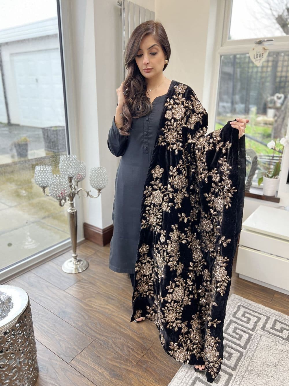 Jaan : regal velvet shawl suit : black