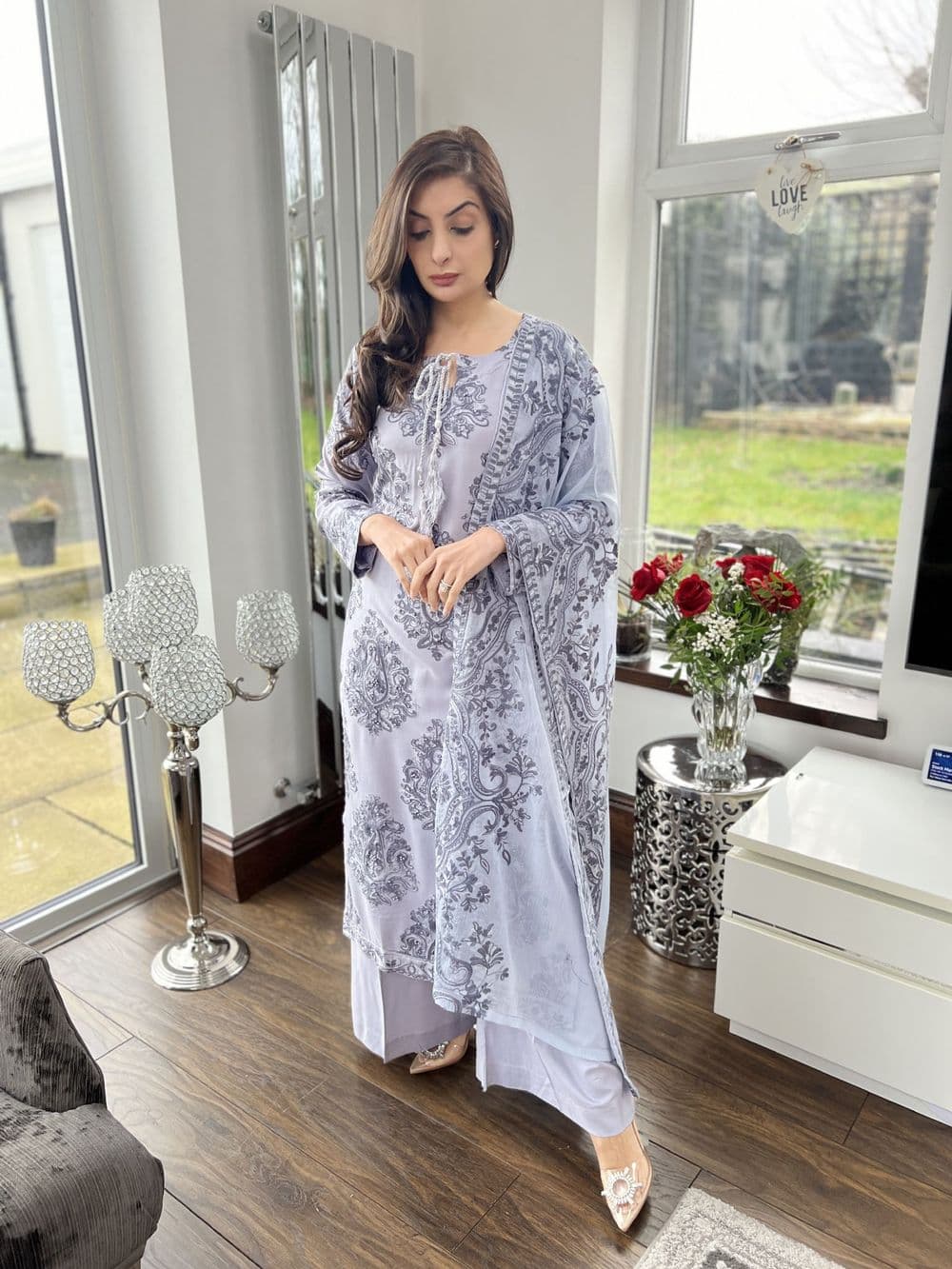 Jannat embroidery linen suit : grey