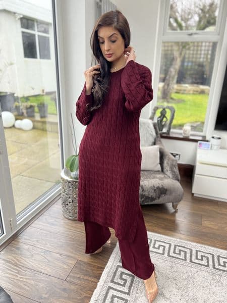 Long length knit co ord burgundy