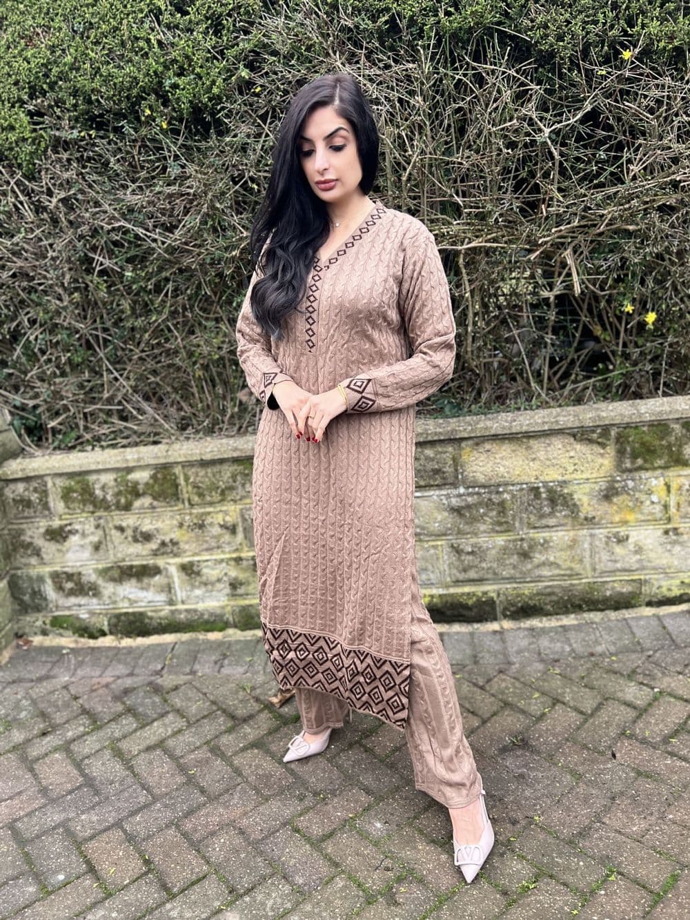 Long length knit co ord set : Aztec chai
