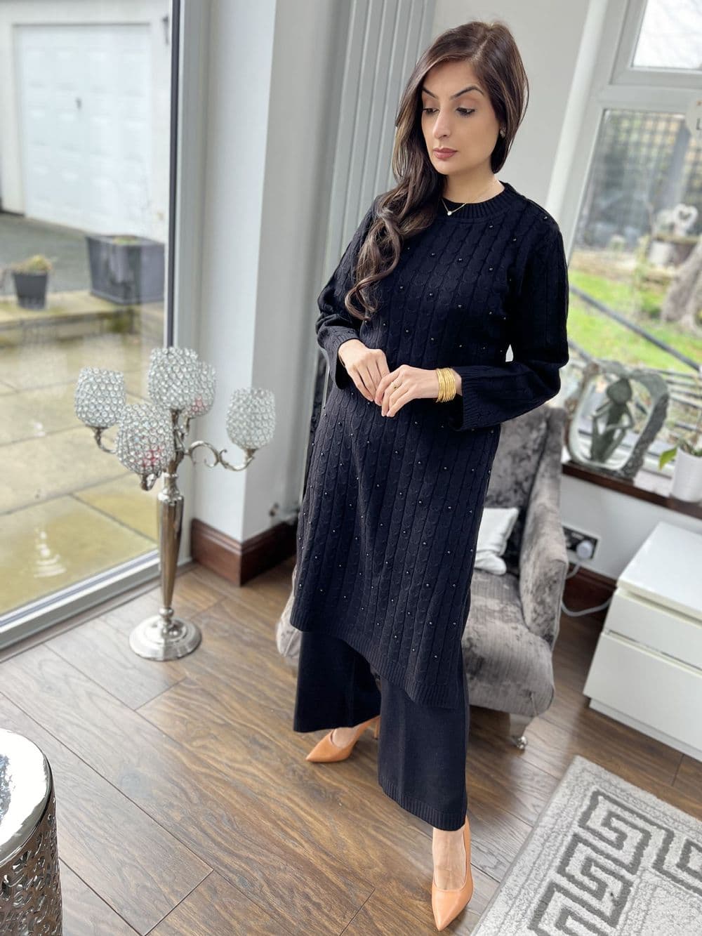Long length knit co ord set : black